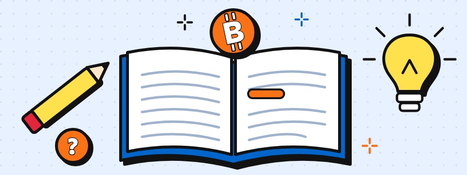 Yllustraasje: iepen boek oer Bitcoin mei in lampe en potlead