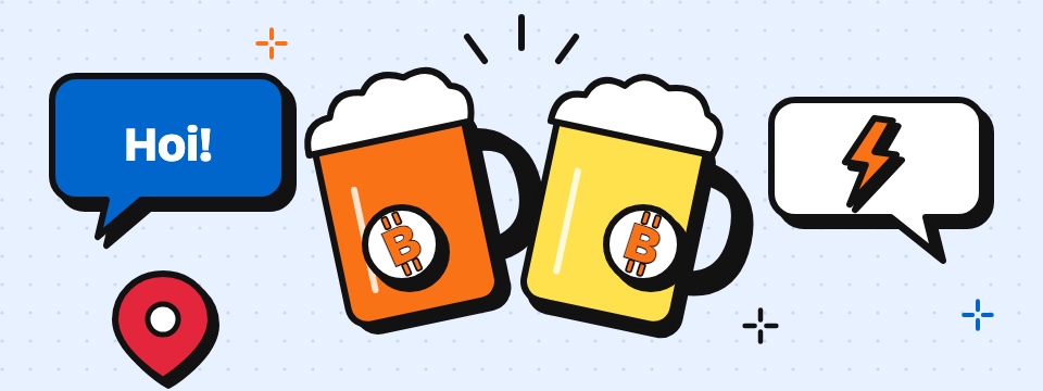 Yllustraasje: tsjinoanstjitte bierkrûken en praatwolkjes op in Bitcoin-gearkomste
